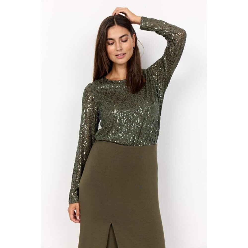 NWT SOYA CONCEPT Nanette 1 Chic Olive Green Sequin Glam Longsleeve Top